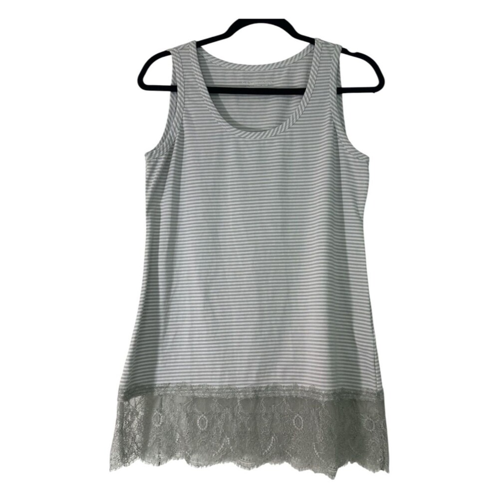 Soft Surroundings Lace Hem Tunic Tank Small Gray White Stripe Boho Flowy Soft - Picture 2 of 7